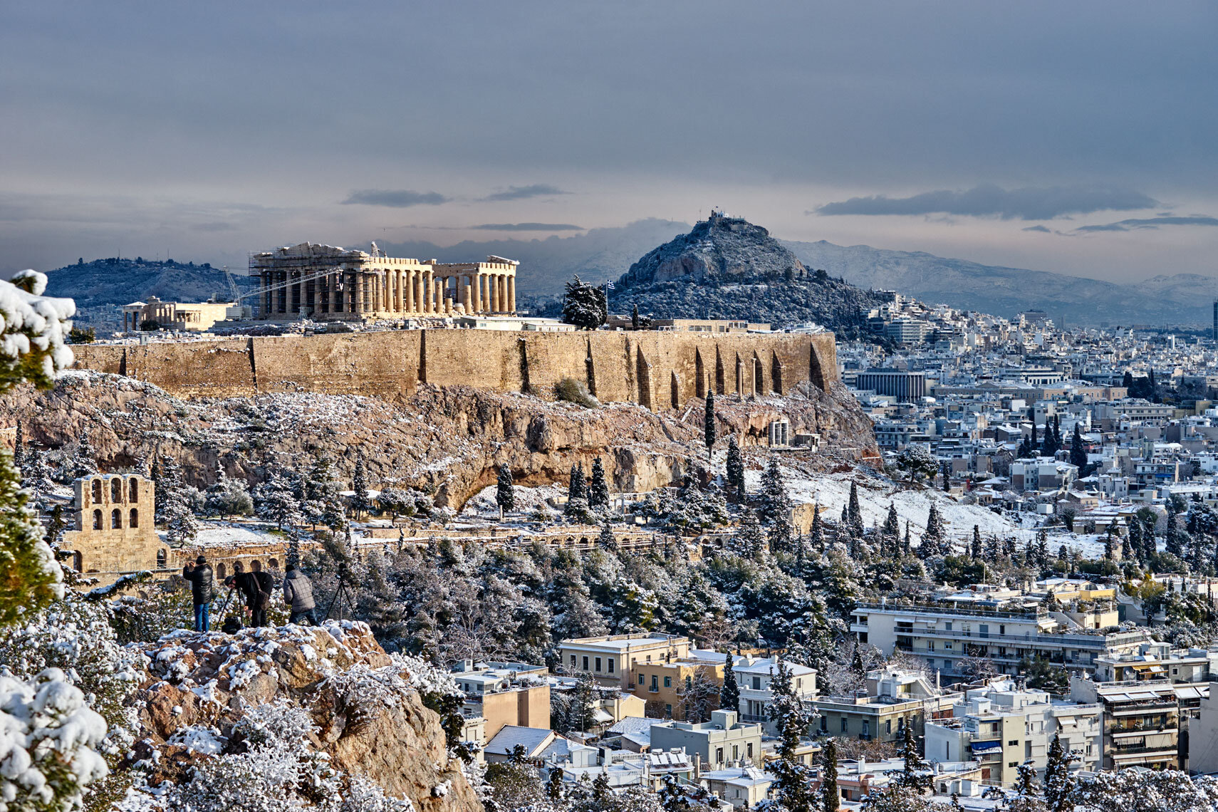 Athens in the snow. The Acropolis blanketed in a layer of snow