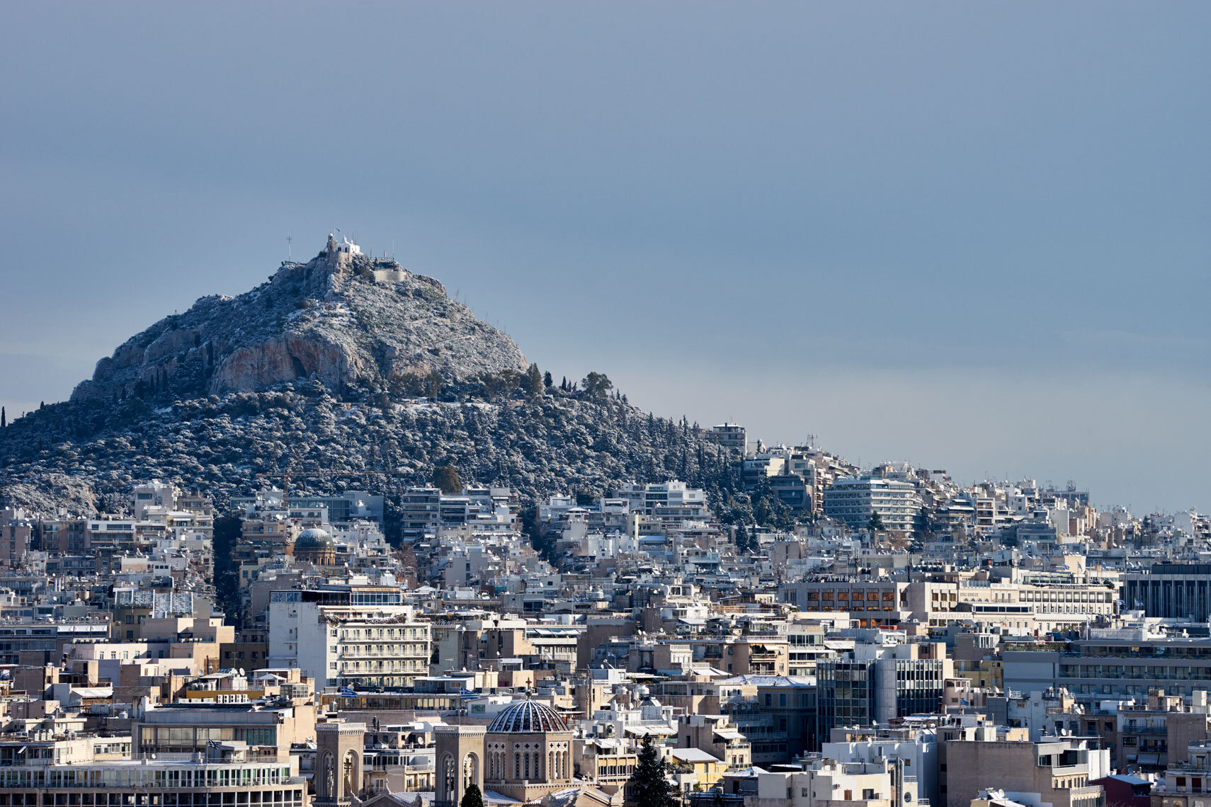 Athens in the snow. Lycabettus Hill