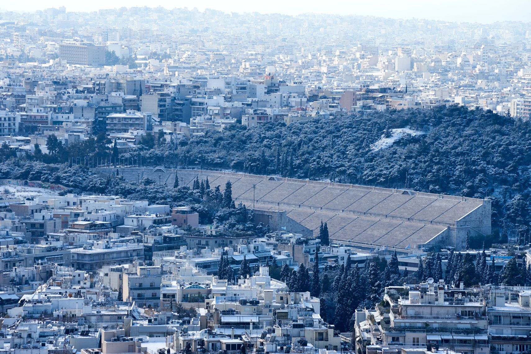 The Panathenaic stadium of Athens in the snow.